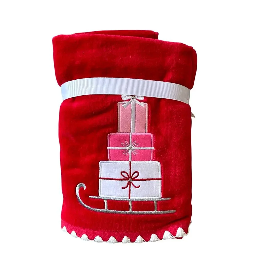 2pc Kassatex Christmas Hand Towels Embroidered Presents on Sled Red Pink NEW